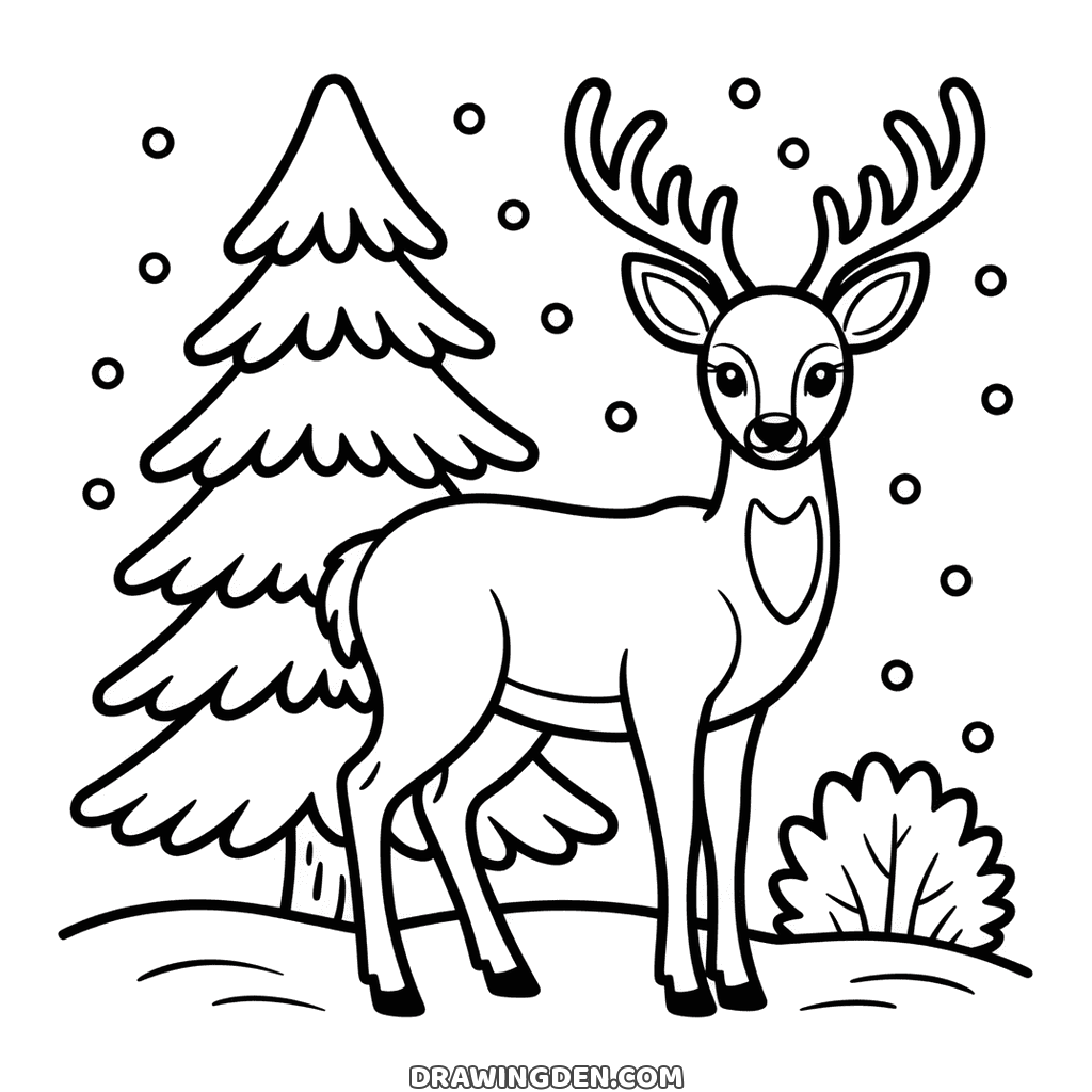 Winter deer with branching antlers standing in the snow beside a pine tree and a small bush, snowflakes falling