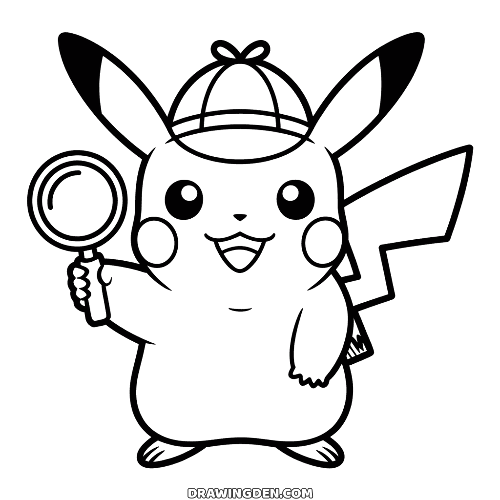 Detective Pikachu drawing with a deerstalker cap and a magnifying glass held up in one paw, free Pokémon page