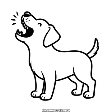 Dog caught mid bark with its head thrown back and its mouth wide open, drawing to print