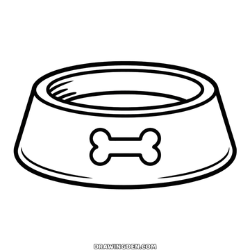 Dog bowl drawing, an empty bowl seen from the side with a bone shape on its front and a wide rim