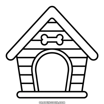 Dog kennel coloring page for kids: planked roof, arched doorway and a bone shaped plaque