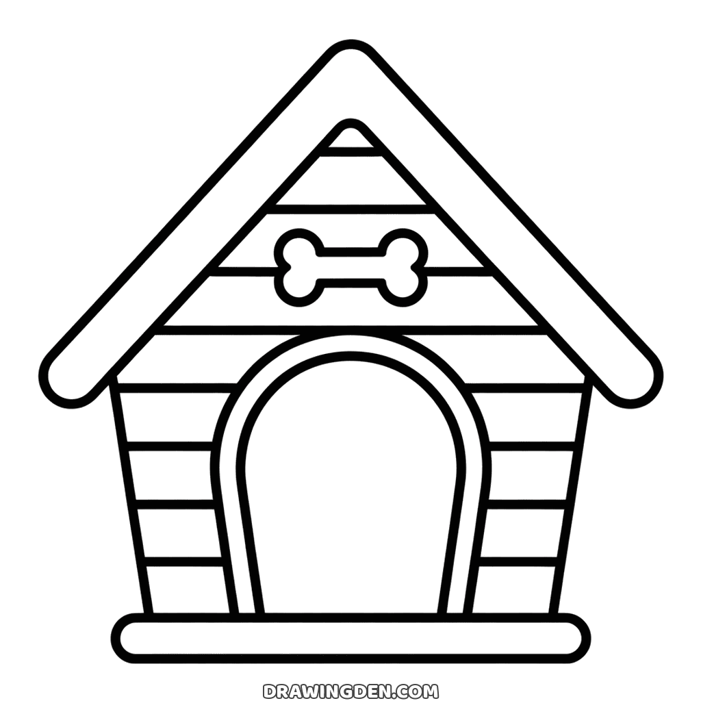 Dog kennel coloring page for kids: planked roof, arched doorway and a bone shaped plaque