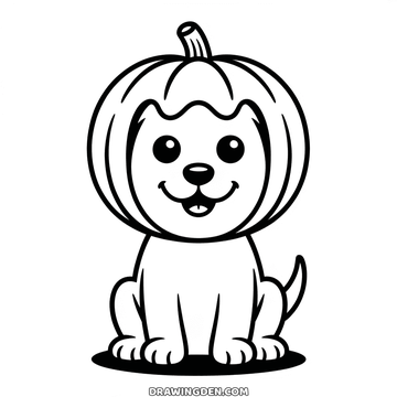Puppy sitting inside a carved Halloween pumpkin worn as a costume, face and front paws showing, easy drawing to print