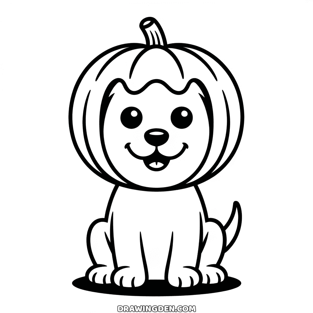 Puppy sitting inside a carved Halloween pumpkin worn as a costume, face and front paws showing, easy drawing to print