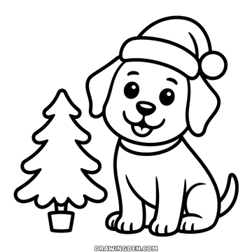Dog sitting in a Santa hat with floppy ears and its tongue out, a small potted Christmas tree beside it