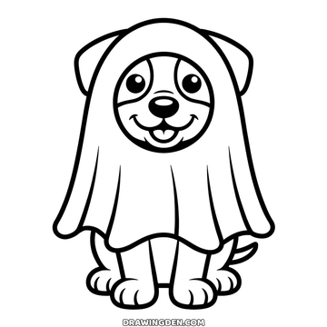 Funny halloween dog under a bed sheet with its face showing through a round opening, free coloring page
