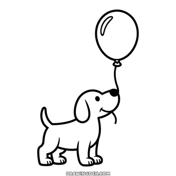 Small dog holding a balloon string in its mouth, free printable dog coloring page