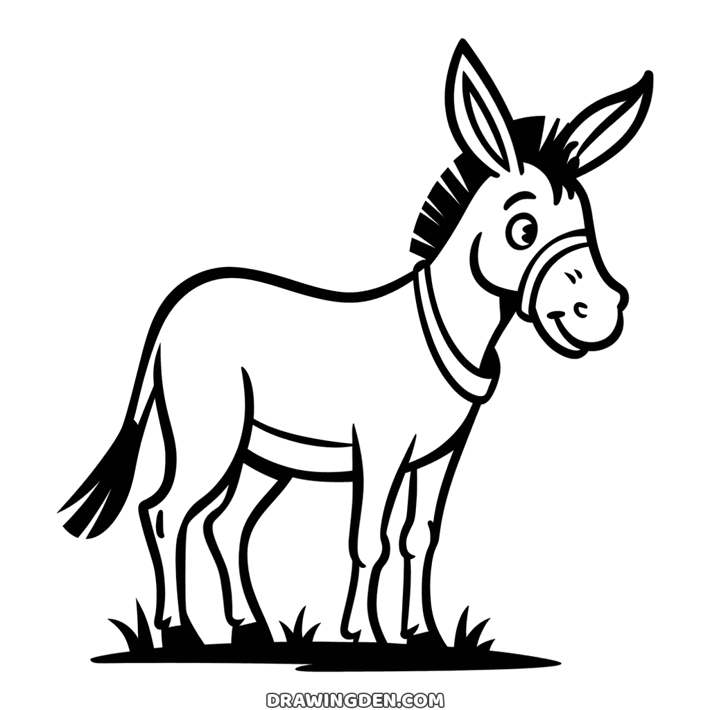 Farm donkey standing side on in the grass, wearing a halter, with tall ears, a spiky mane and a tufted tail