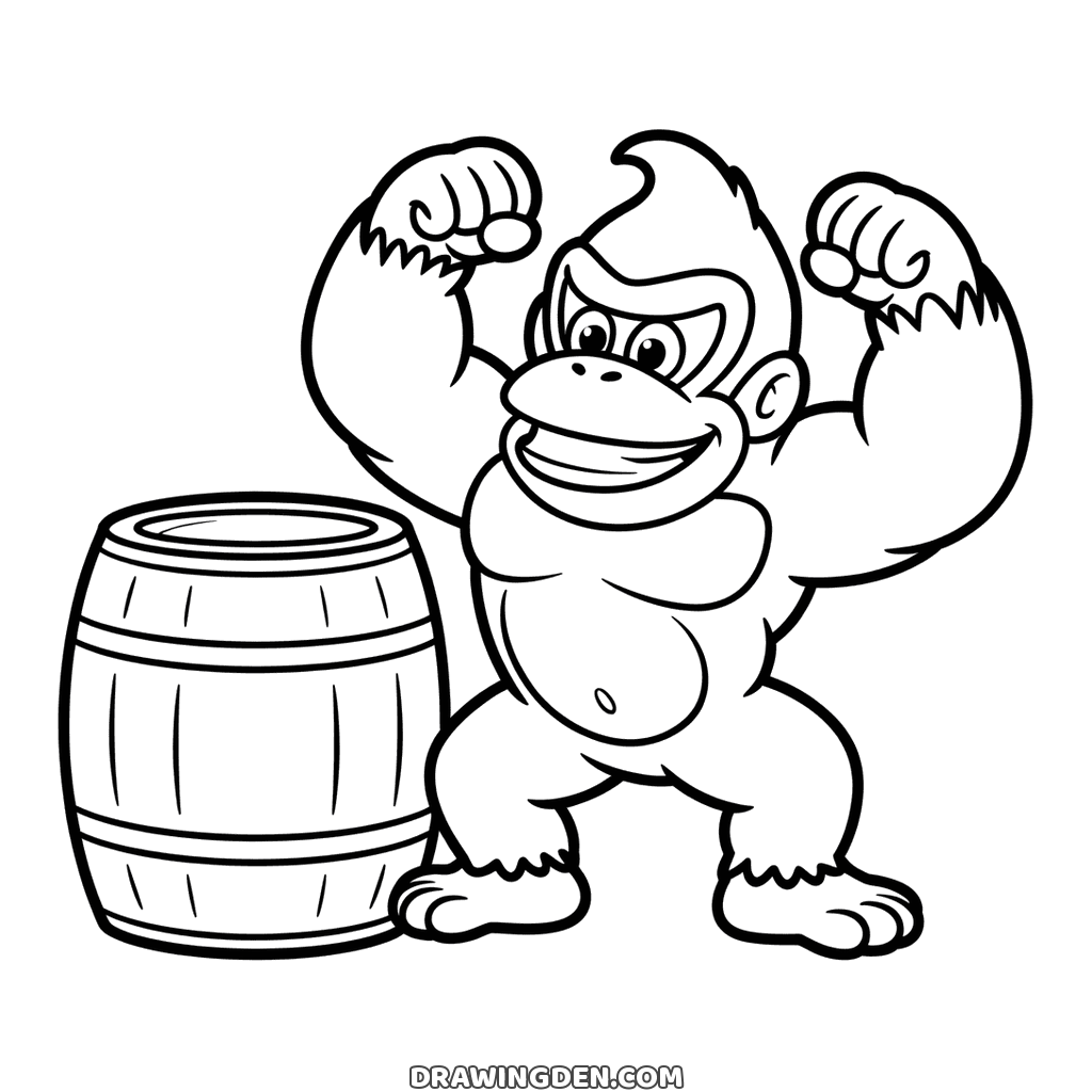 Donkey Kong from the Mario games flexing his big arms in a strong pose beside a wooden barrel