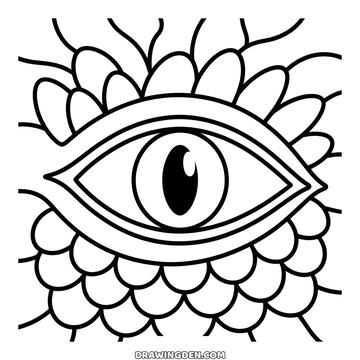 Dragon eye close up coloring page with a slit pupil and rows of scales radiating out from the eyelid