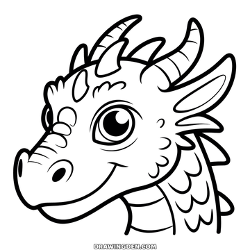 Dragon face coloring page filling the whole sheet with swept back horns, large eye and scaled muzzle
