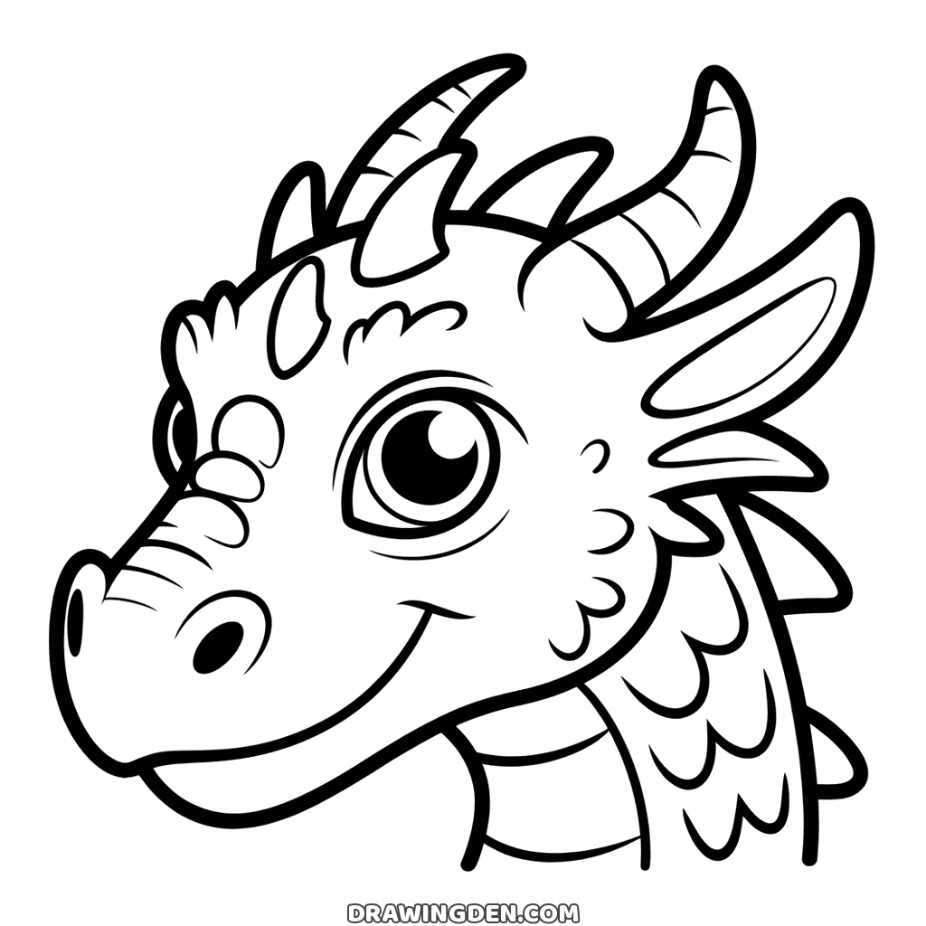 Dragon face coloring page filling the whole sheet with swept back horns, large eye and scaled muzzle