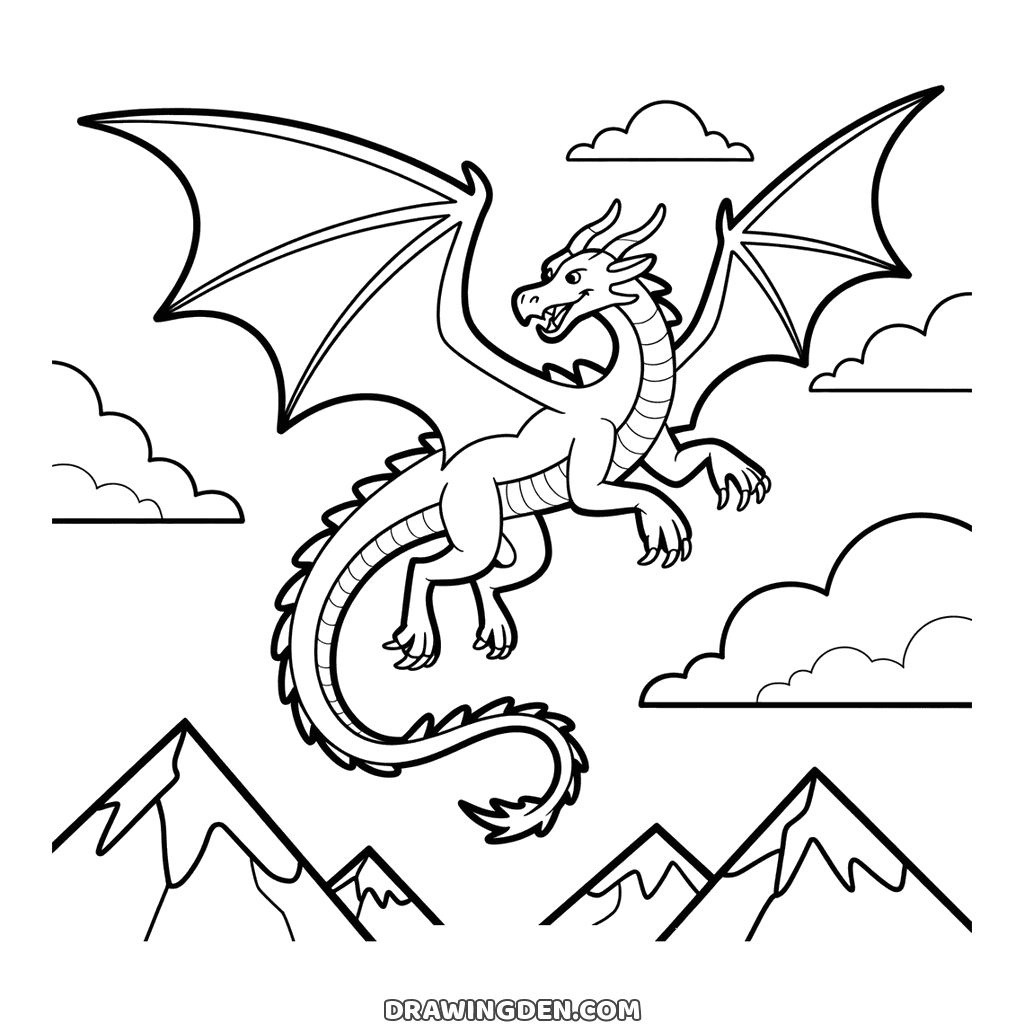 Dragon flying above a mountain range with clouds, wings fully spread and a long tail trailing behind