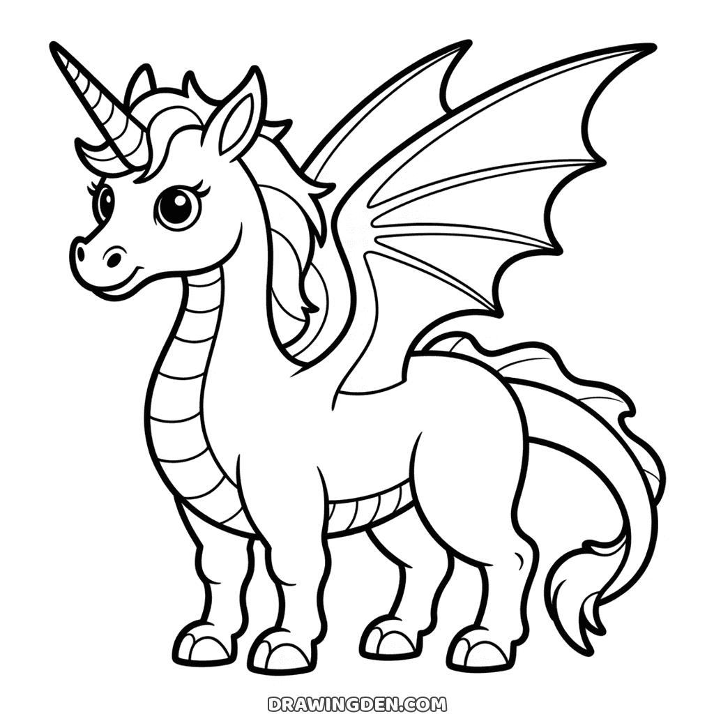 Dragon unicorn with a horn, bat wings, a scaled belly and a long tail, standing on four legs