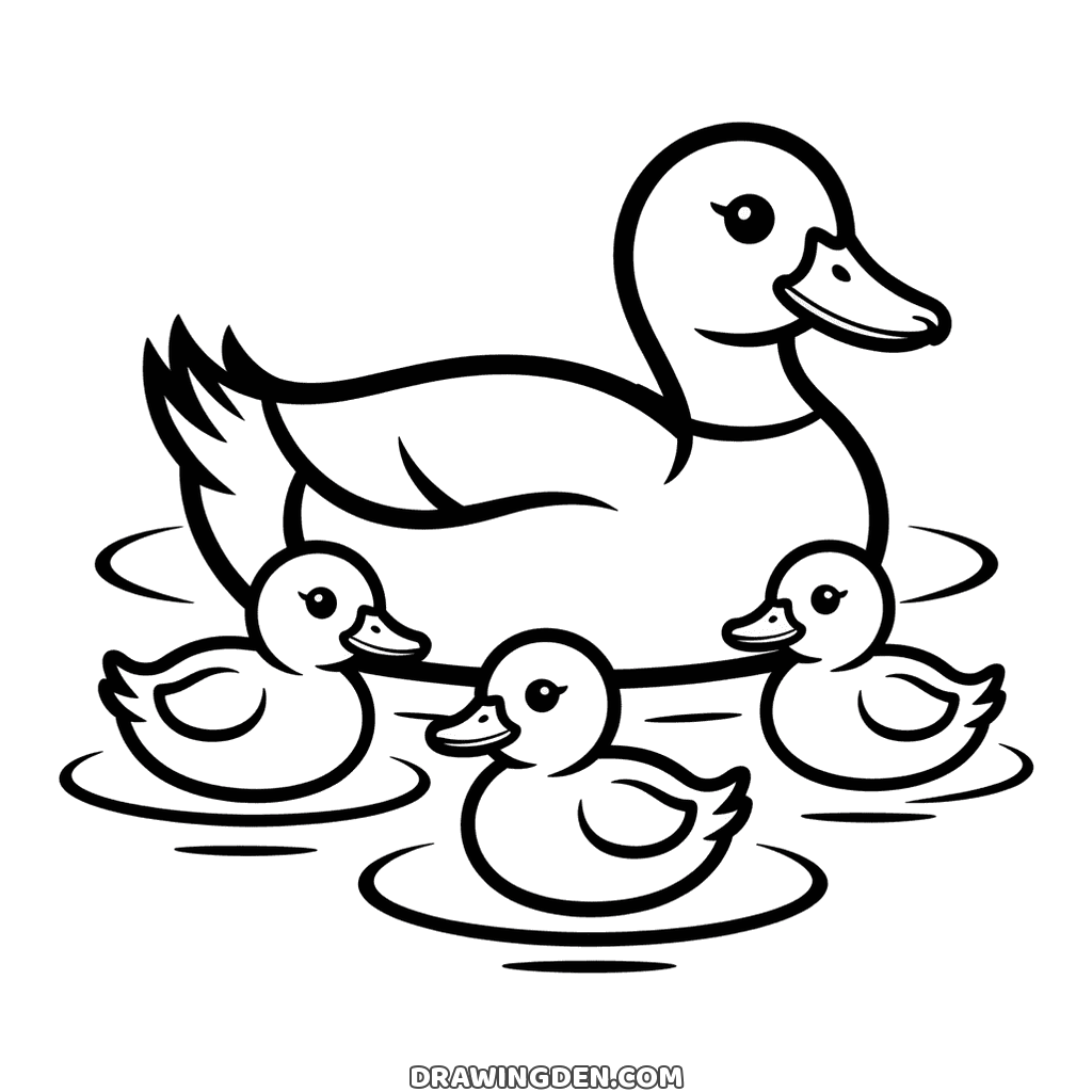 Mother duck swimming on a pond with three small ducklings around her, water ripples under each of them