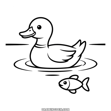 Duck swimming on a pond with a ring around its neck and ripples around it, a smiling fish under the water