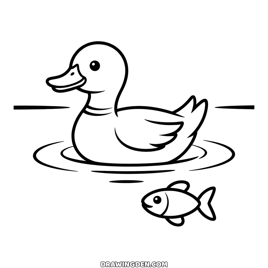 Duck swimming on a pond with a ring around its neck and ripples around it, a smiling fish under the water