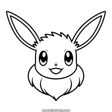 Eevee Pokémon face drawing with two tall pointed ears, big shiny eyes, an open smile and a fluffy ruff under the chin