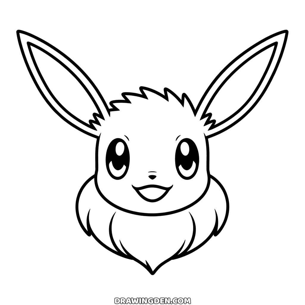 Eevee Pokémon face drawing with two tall pointed ears, big shiny eyes, an open smile and a fluffy ruff under the chin