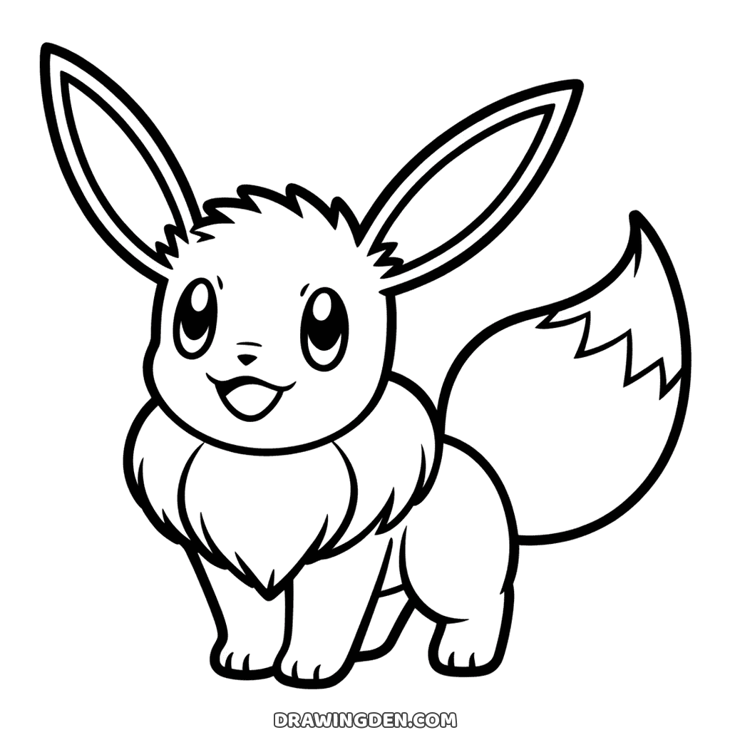 Eevee drawing standing side on with a thick fur collar, tall pointed ears and a bushy tail, printable Pokémon page