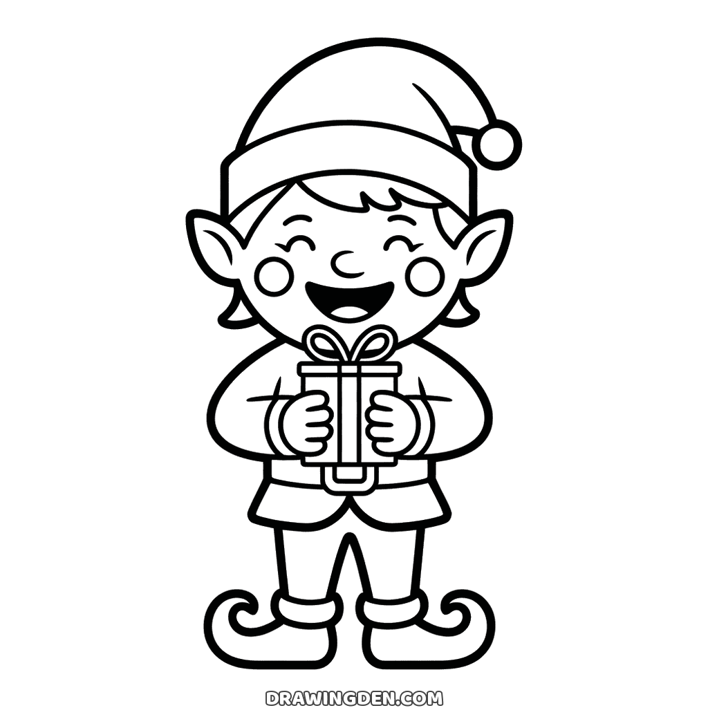 Christmas elf standing in a pointed hat with pointed ears, holding a wrapped present and wearing curled shoes