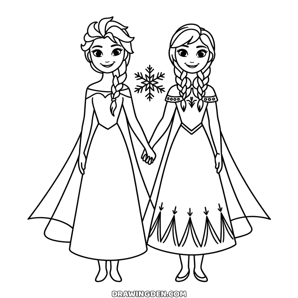 Elsa and Anna from Frozen standing hand in hand in full length dresses, a snowflake between them