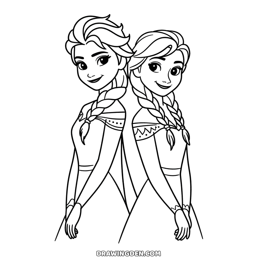 Elsa and Anna side by side from the waist up, each with a braid over the shoulder and a smile