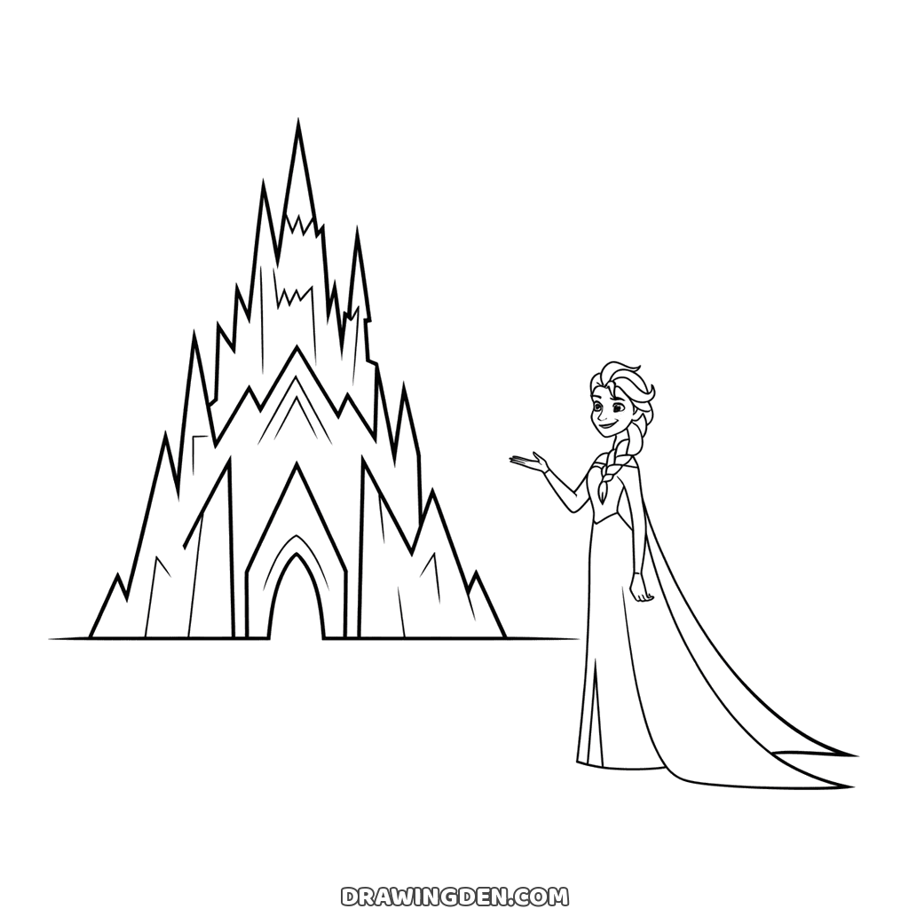 Tall ice palace with pointed spires and Elsa from Frozen standing small beside it, one hand raised toward it