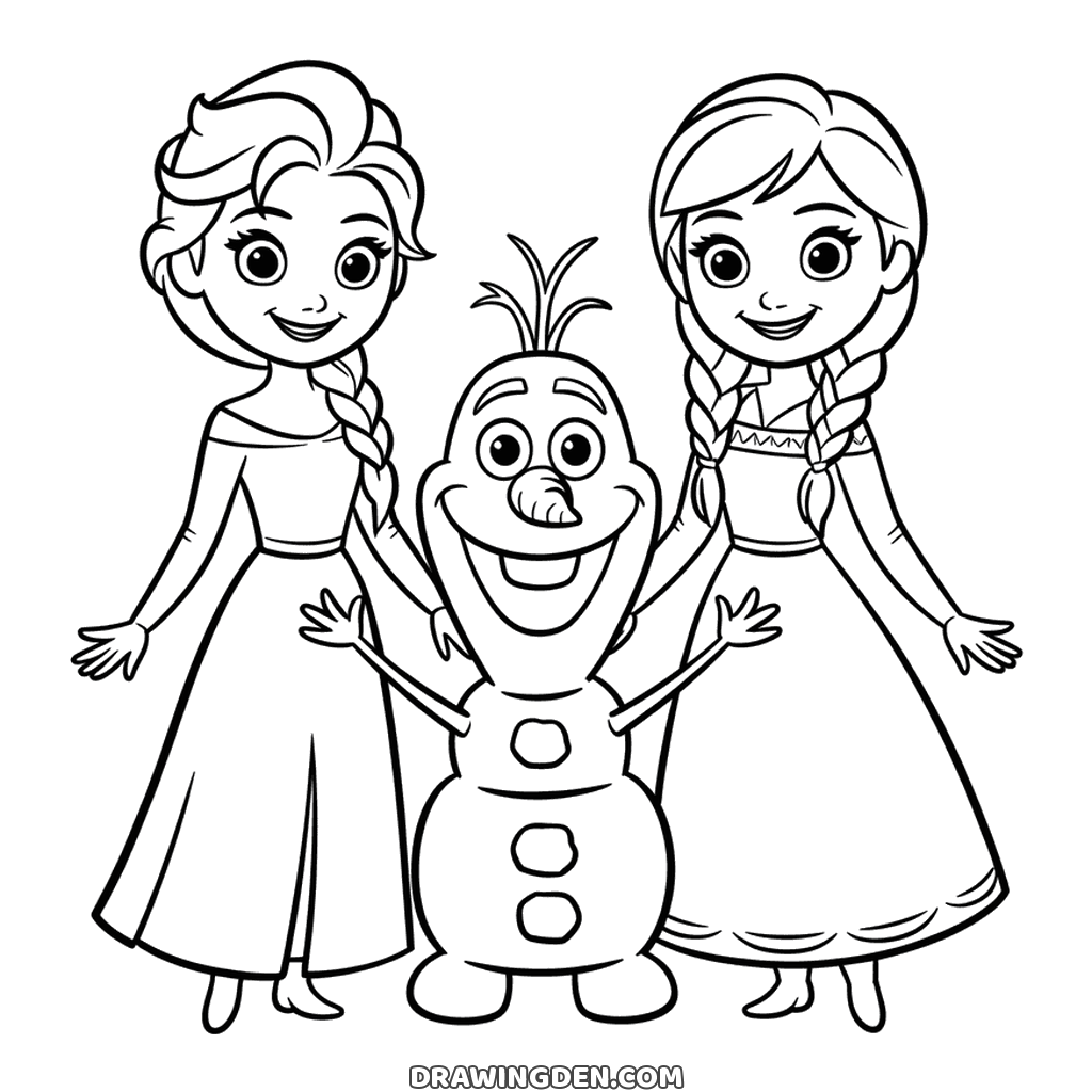 Elsa, Anna and Olaf from Frozen standing together, Olaf in the middle with his twig arms raised
