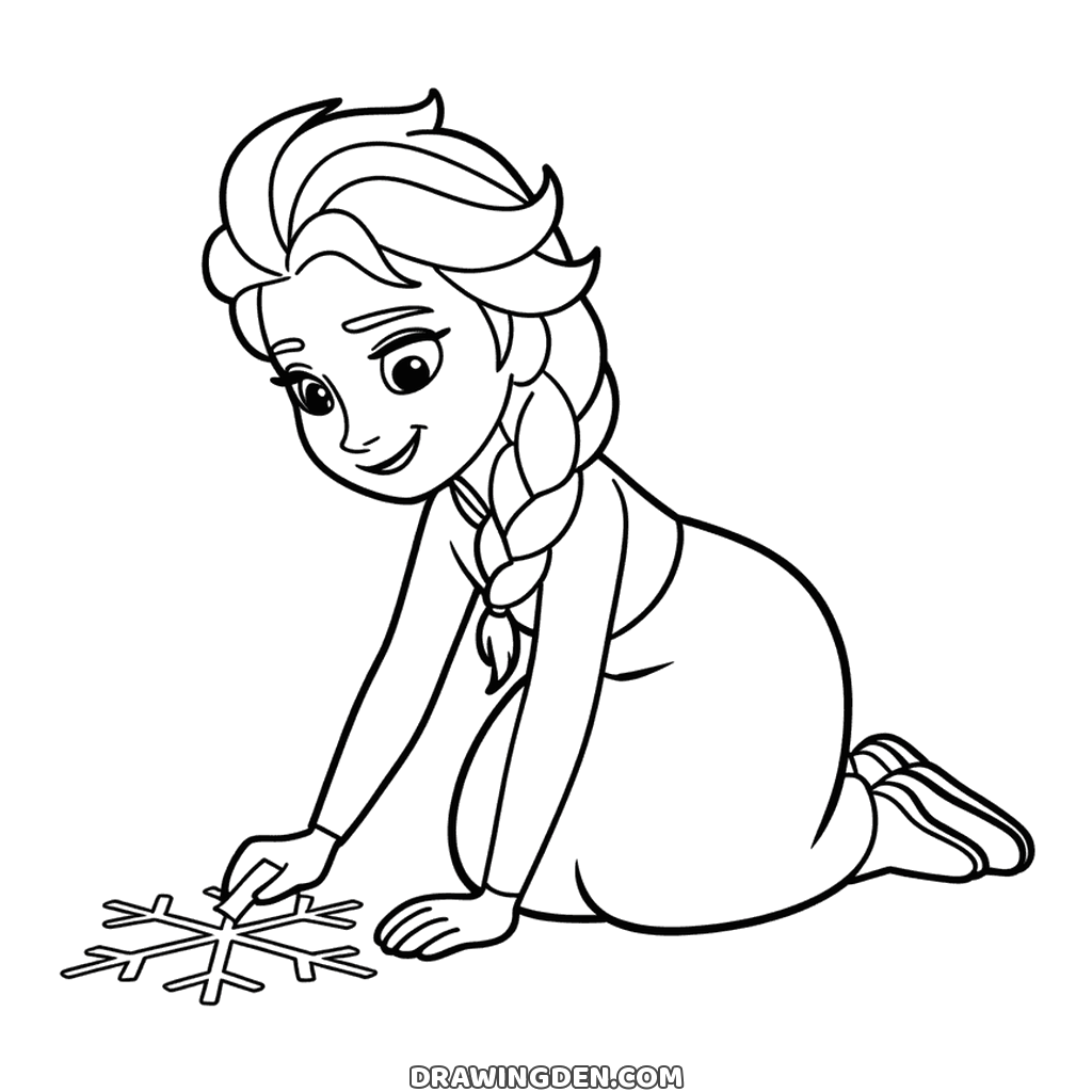 Elsa from Frozen kneeling on the floor and tracing a snowflake with one hand, her braid falling over her shoulder