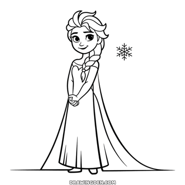 Elsa in her long ice dress with a sheer cape trailing behind, hands folded in front, a snowflake floating beside her