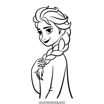 Portrait of Elsa from Frozen, head tilted, smiling, one hand resting on the braid over her shoulder