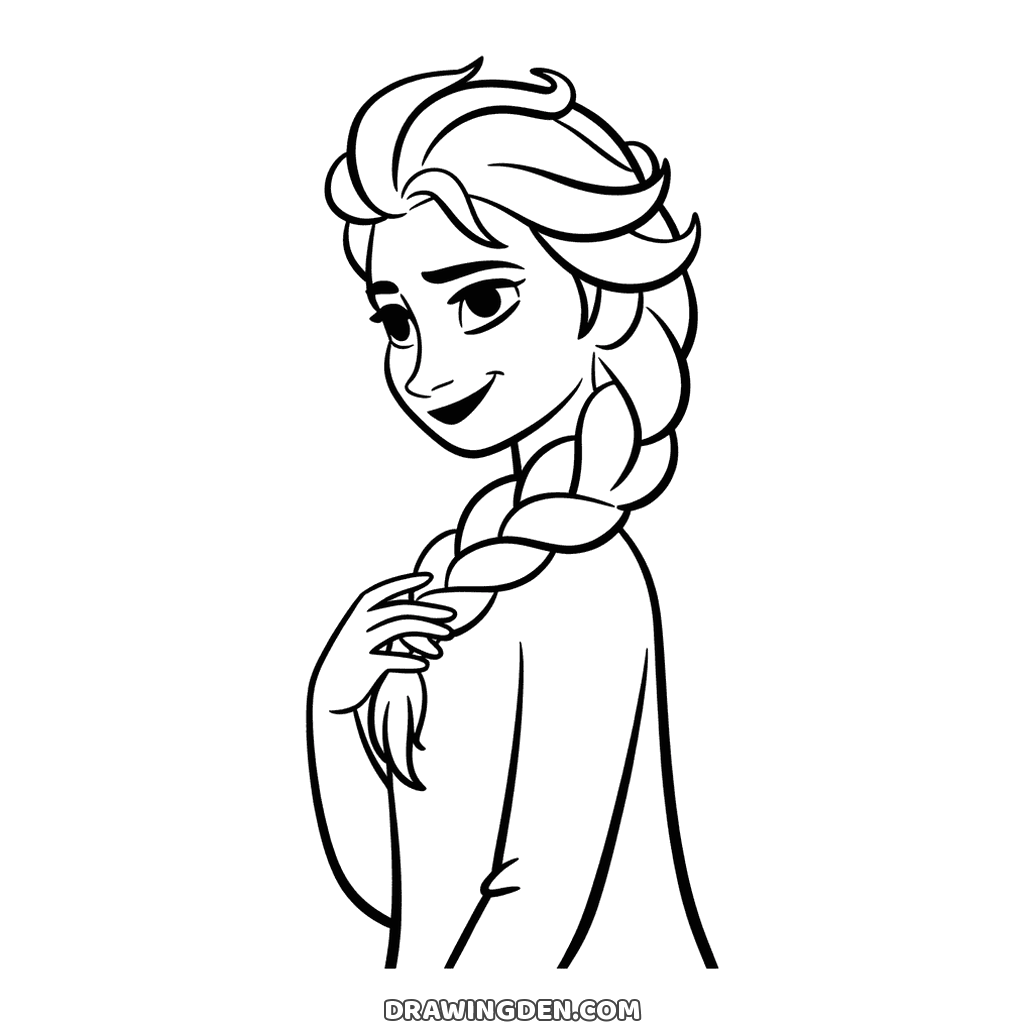 Portrait of Elsa from Frozen, head tilted, smiling, one hand resting on the braid over her shoulder