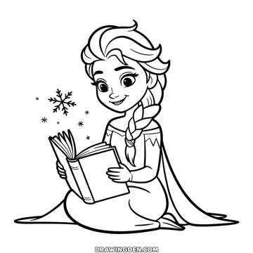 Seated Elsa from Frozen with an open book on her lap, small snowflakes floating above the pages