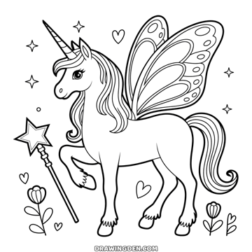 Fairy unicorn with butterfly wings, a magic wand beside it, flowers and hearts around
