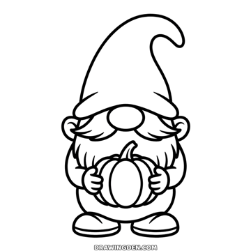 Fall gnome with a tall pointed hat and long beard, holding a small pumpkin in his hands