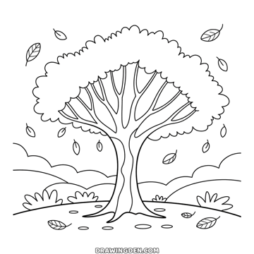 Big fall tree on a grassy hill with a full crown of leaves and more leaves falling to the ground