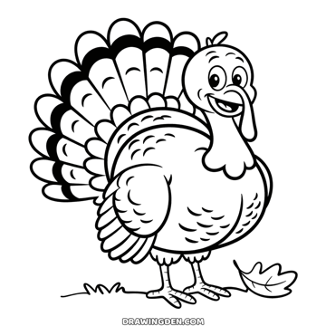 Fall turkey drawing: a smiling farm turkey with a big fanned tail, a wattle and feathered wings, standing on the grass beside an autumn leaf