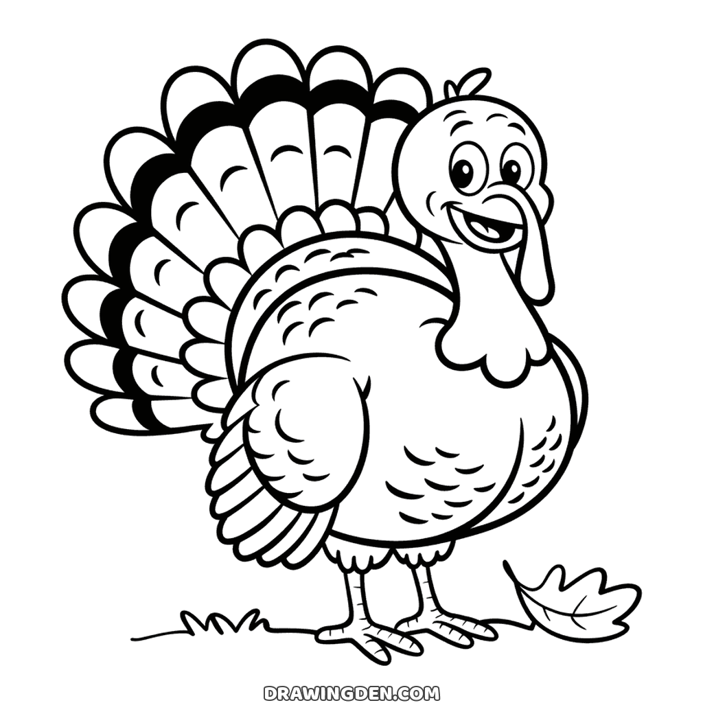 Fall turkey drawing: a smiling farm turkey with a big fanned tail, a wattle and feathered wings, standing on the grass beside an autumn leaf