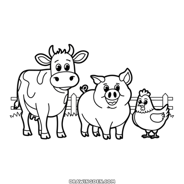 Farm animal friends: a spotted cow, a smiling pig with a curly tail and a hen standing side by side in front of a wooden fence