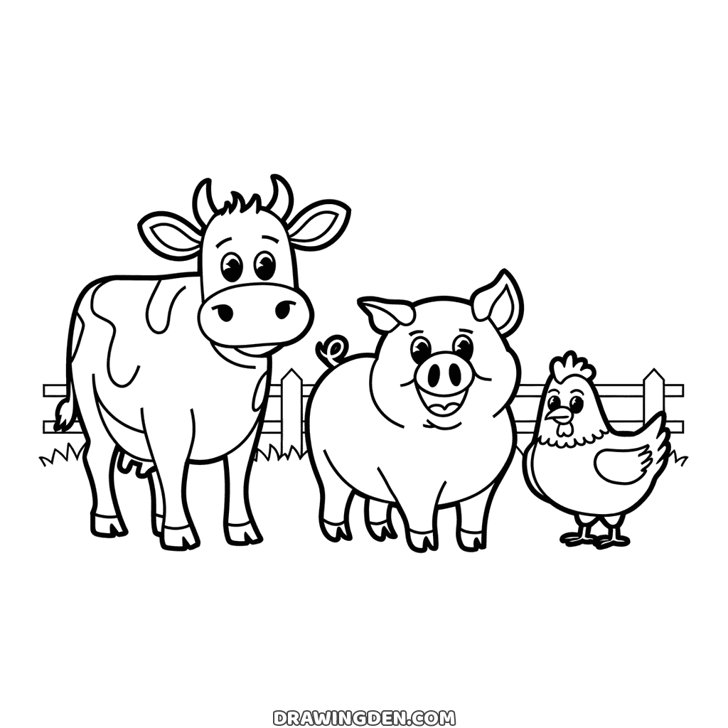 Farm animal friends: a spotted cow, a smiling pig with a curly tail and a hen standing side by side in front of a wooden fence