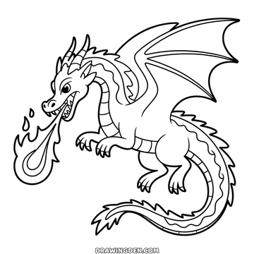 Fire breathing dragon coloring page rearing up on its hind legs with a long jet of flame from its jaws