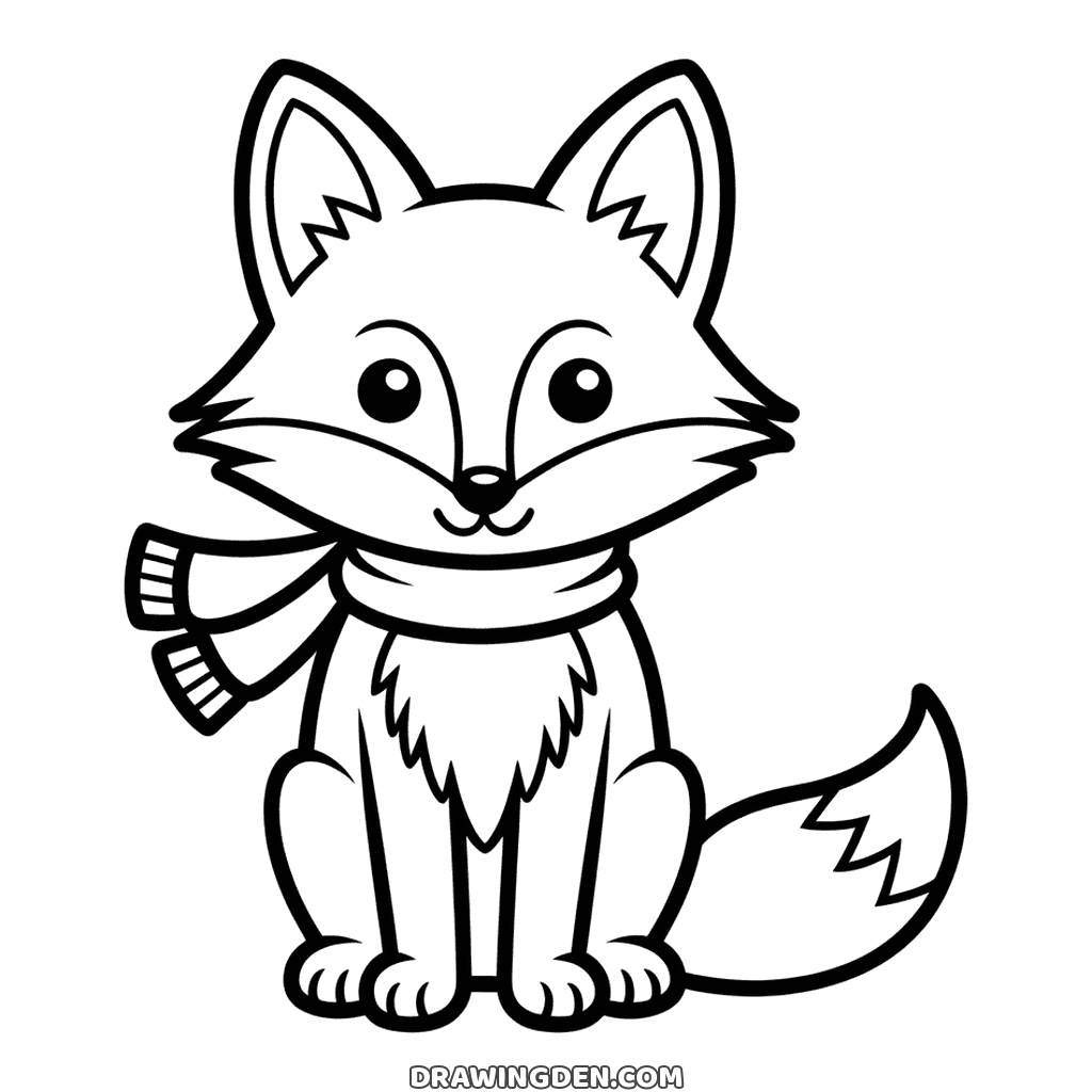 Cute fox sitting in a striped fall scarf, big eyes, pointed ears and a bushy tail with a white tip