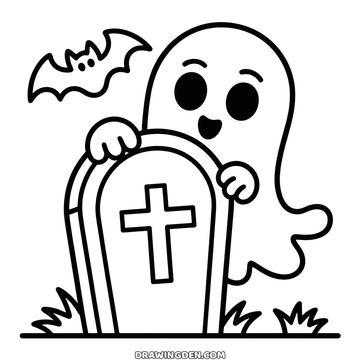 Halloween ghost and tombstone coloring page: a rounded gravestone with a cross, grass at its foot, a smiling ghost leaning out on the right