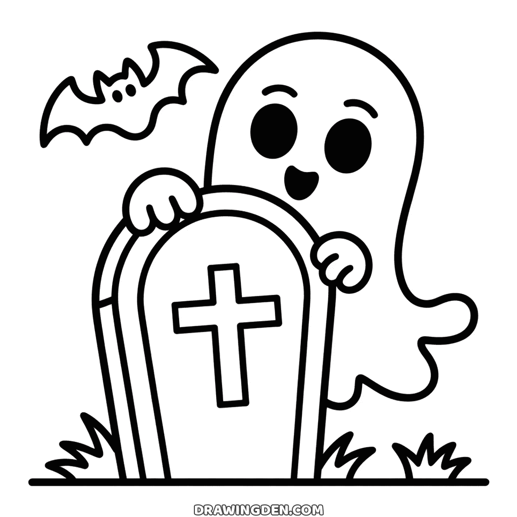 Dibujo de Halloween para colorear: una lápida redondeada con cruz, matas de hierba en la base y un fantasma sonriente asomando a la derecha