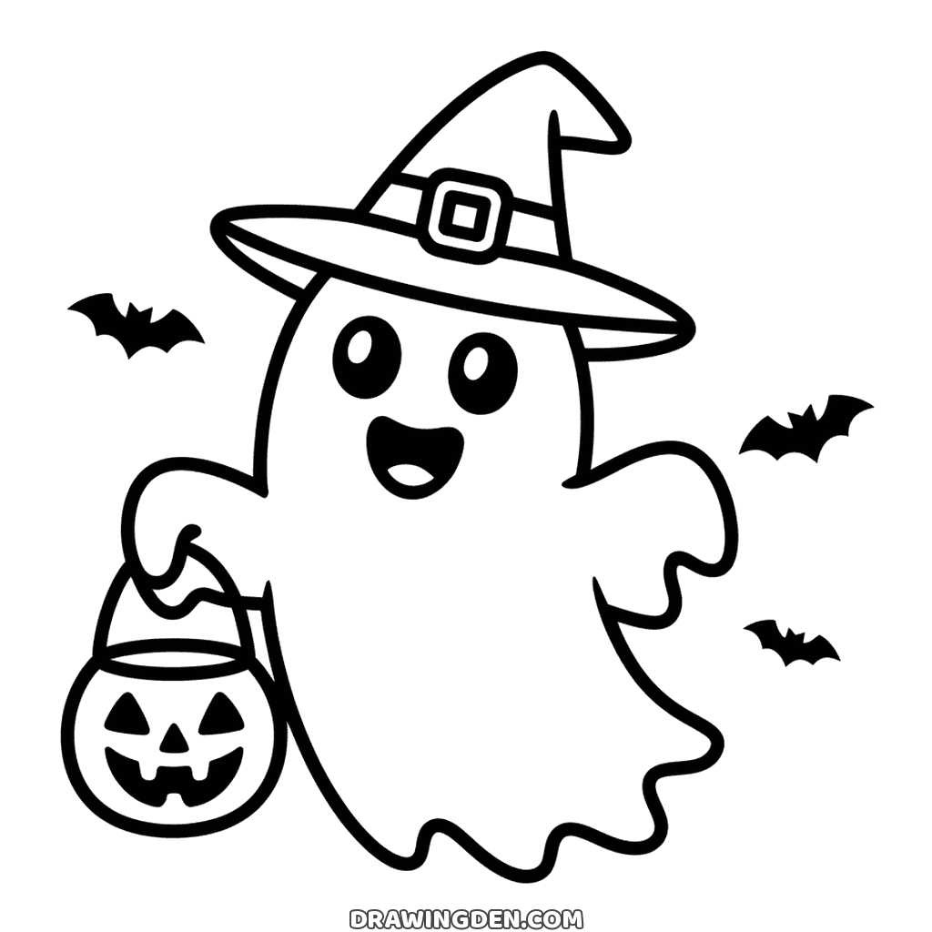 Halloween ghost coloring page wearing a pointed witch hat and carrying a pumpkin pail, bats flying round