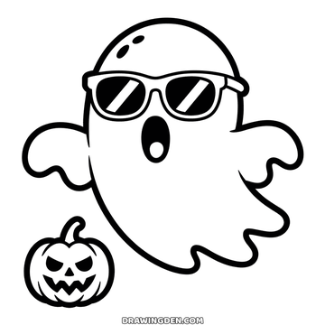 Cool Halloween ghost coloring page wearing dark sunglasses with a wavy hem and a small pumpkin below
