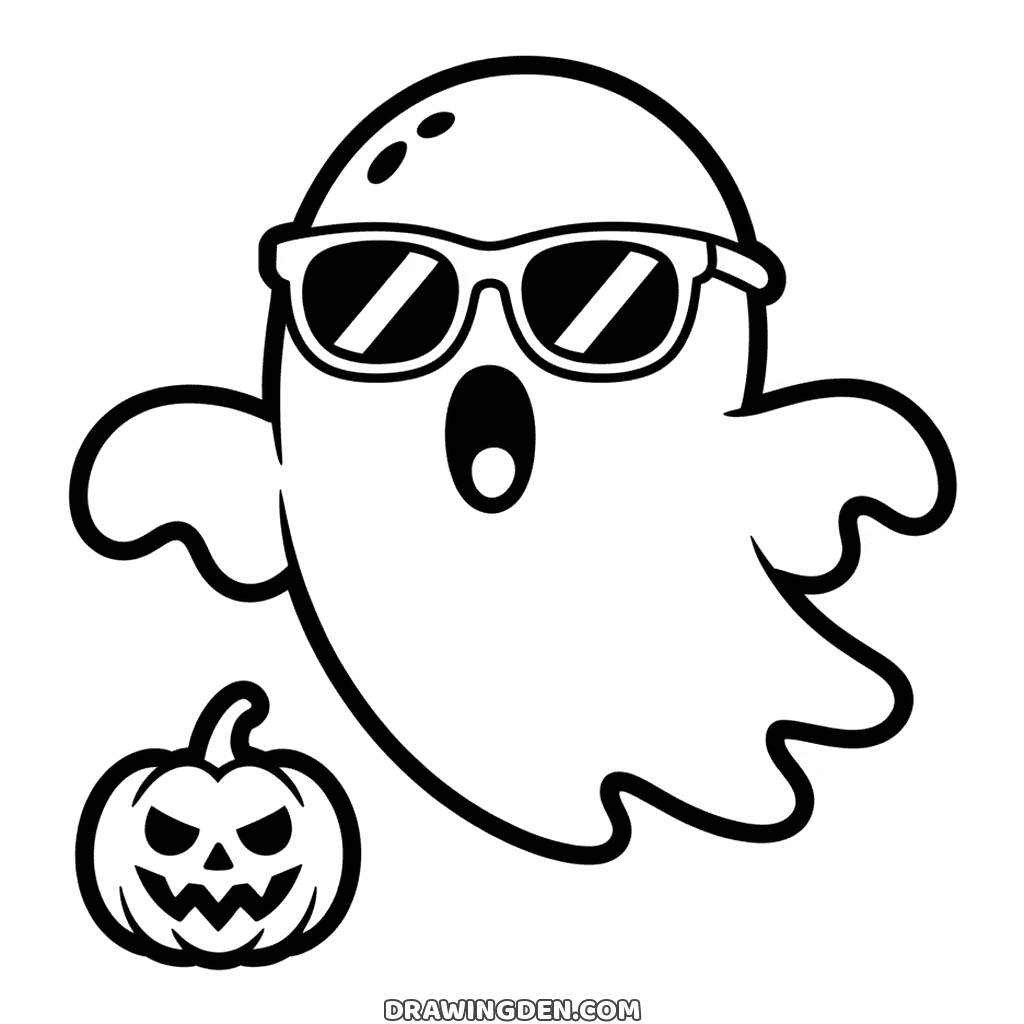 Cool Halloween ghost coloring page wearing dark sunglasses with a wavy hem and a small pumpkin below