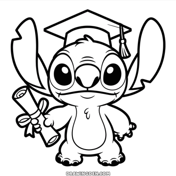 Stitch standing in a graduation cap with a tassel, a rolled diploma tied with a ribbon in one paw