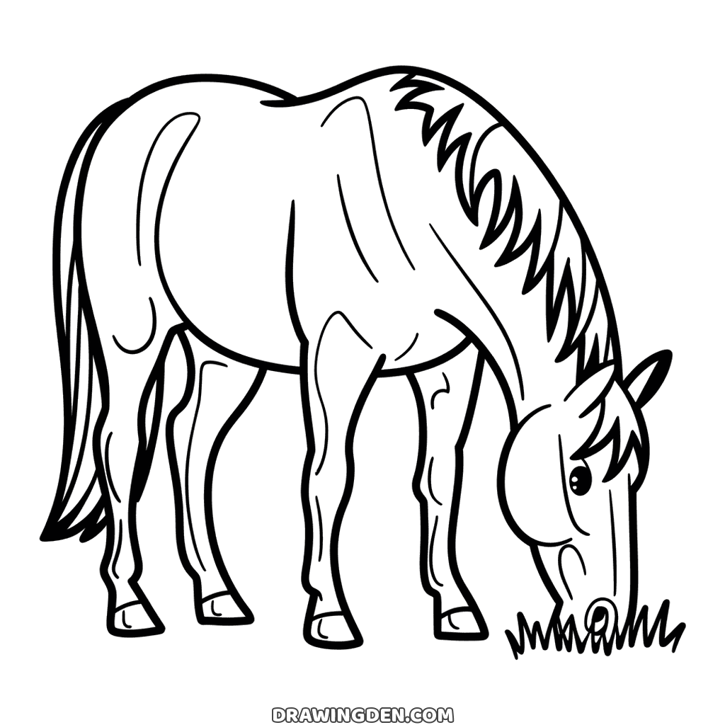 Caballo pastando con la cabeza baja en la hierba y la crin cayendo hacia delante sobre el cuello, dibujo realista